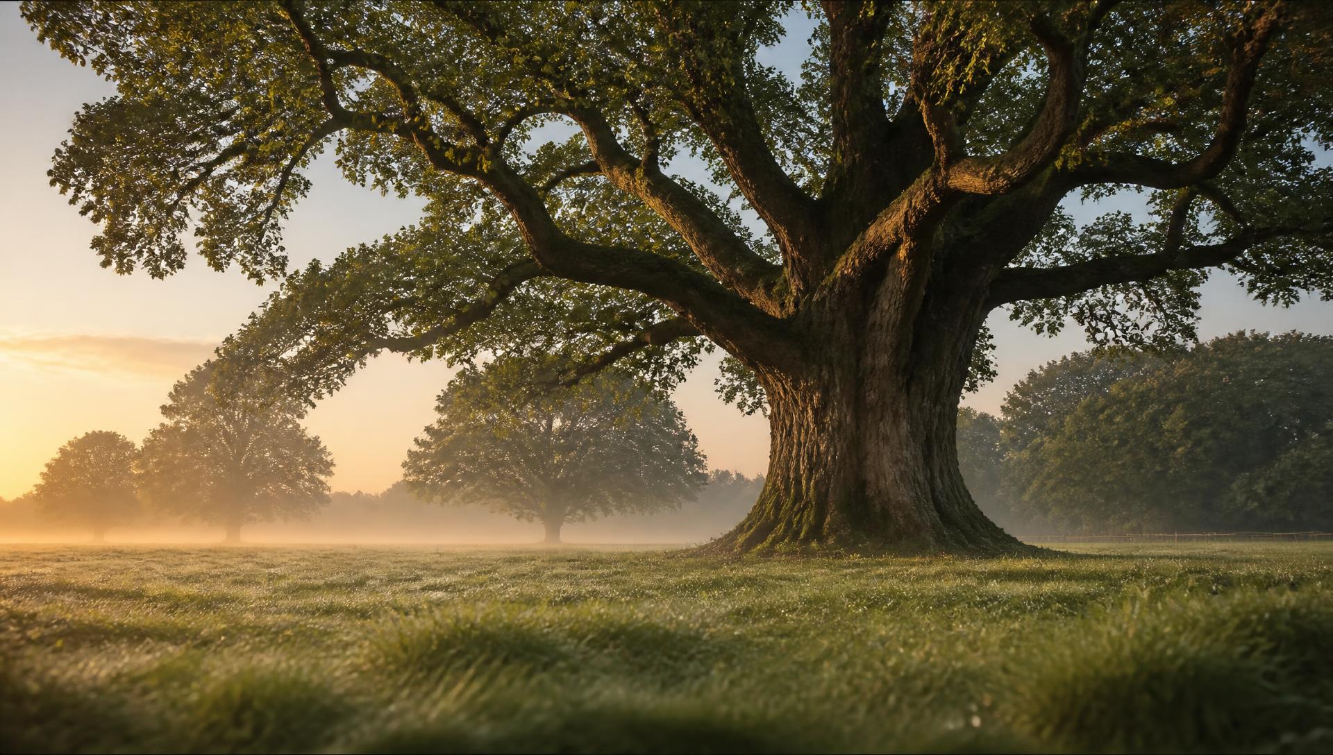 Mature English oak in low morning mist across parkland